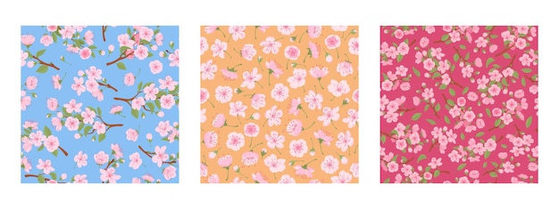 Azjatyckie Wzory Kwiatów Wiśni Kwitnące Sakura Bezszwodowe Wzory Wiosenne Wiśnie Obniżają Nieskończony Projekt Płaskiego Wektorowego Tła Zestaw Ilustracji Kolekcja Wzorów Kwiatów Sakura.