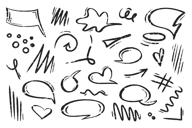 Bąbel mowy kredą ustawiony linia strzała rysunki podkreślają wiry elementy doodle ołówek chmura dialogu