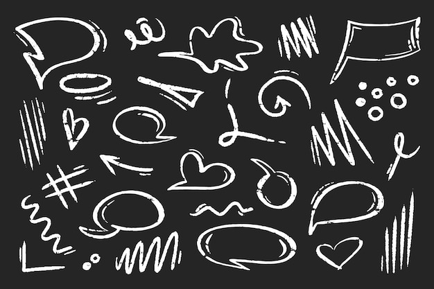 Bąbel mowy kredą ustawiony linia strzała rysunki podkreślają wiry elementy doodle ołówek chmura dialogu