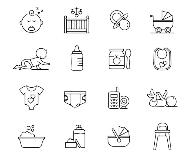 Baby and Mother Line Icon Set Dziecięce pieluchy Dziecko karmienie Dzieciństwo