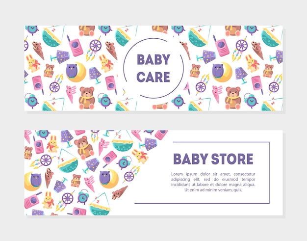 Plik wektorowy baby carem baby store banner templates with cute toys and care supplies set design element with place for text can be used for landing page mobile app flyer gift card coupon vector illustration (szablony banerów sklepu baby carem z uroczymi zabawkami i artykułami do pielęgnacji)