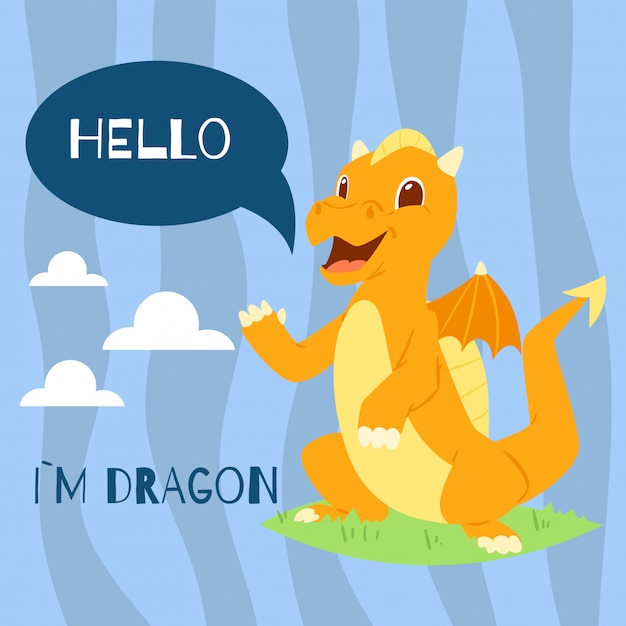 Baby Dragontext Hello Banner. Skrzydła Zabawny Charakter Kreskówka.