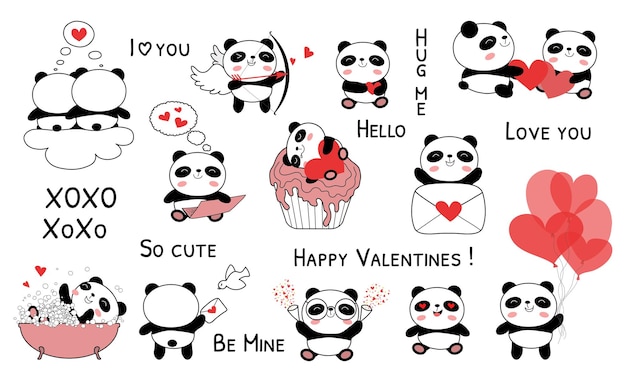 Baby panda walentynki zestaw ilustracji wektorowych