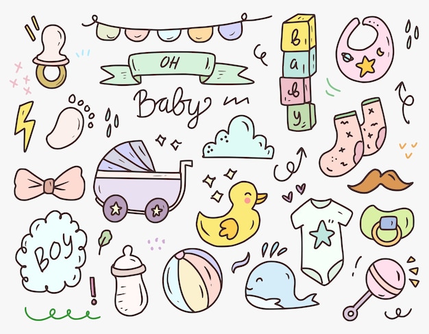 Baby Shower Boy Icon Doodle Rysunek Zestaw Kolekcji