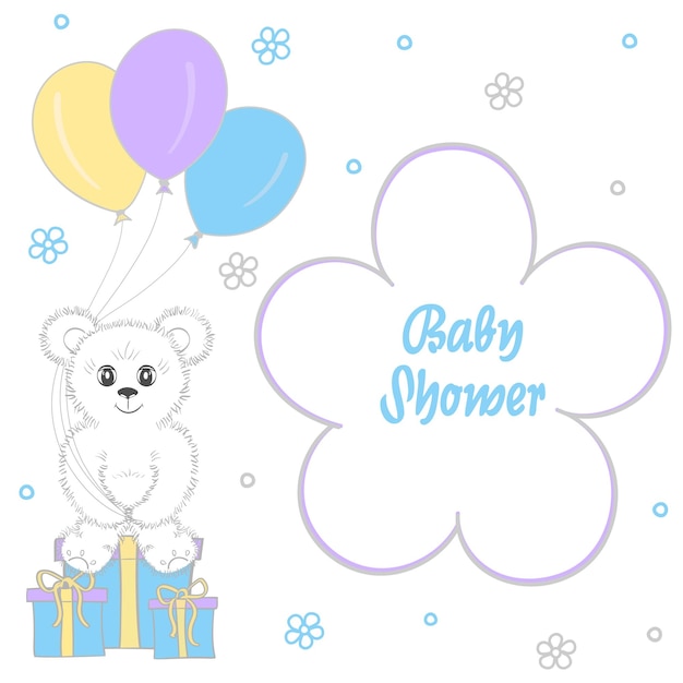 Baby Shower Boy Zaproszenie Karta Miejsce Na Tekst Kartki Z życzeniami Ilustracja Wektorowa Miś Z Pudełkiem Prezentowym Niebieskim Tle Motyl Kwiat