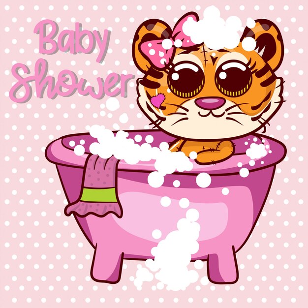 Baby Shower Greeting Card Z Cute Cartoon Tiger Girl - Wektor