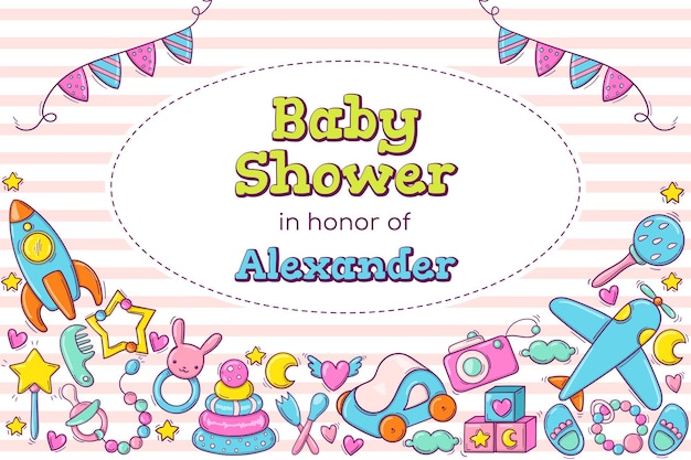 Baby Shower ładny Szablon Karty Z Pozdrowieniami Z Zabawkami. Miejsce Na Tekst W Okręgu