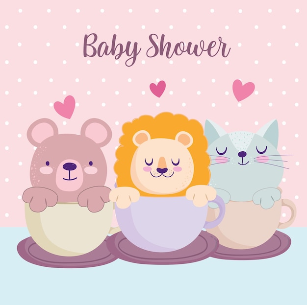 Baby Shower Mały Lew Niedźwiedź I Kot Na Filiżance Piękne Zaproszenie Karty Ilustracji Wektorowych