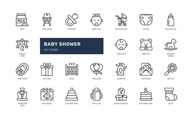 Baby shower noworodki impreza uroczystość przedszkole płeć ujawnić impreza zarys linii zestaw ikon