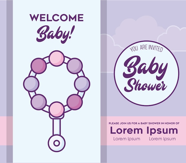 Baby Shower Zaproszenia Z Ikoną Grzechotka, Kolorowy Design. Ilustracji Wektorowych