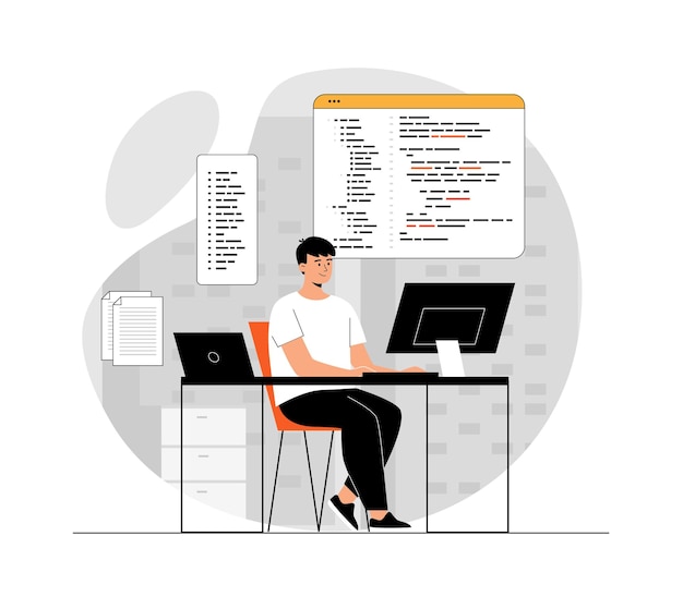 Backend development of software and programming concept Man web developer creating program code Pr