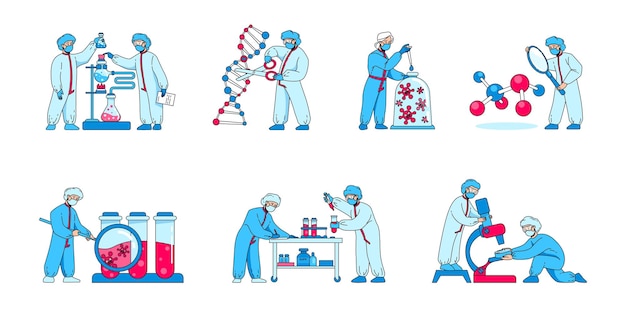 Badania Naukowe Postacie Z Kreskówek Przeprowadzają Testy Laboratoryjne I Eksperymenty Pracownicy Naukowi Badają Patogeny I Dna Ludzie Wektorów W Ochronnych Kombinezonach Laboratoryjnych Pracują Z Mikroskopem