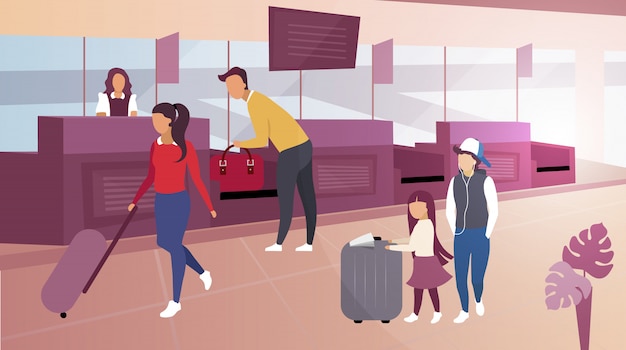 Plik wektorowy bagaż sprawdza wewnątrz lotniskową płaską ilustrację. kreskówka turystów niosących walizki. mężczyzna pasażer, podróżny przedstawiający torbę do kontroli celnej. ojciec bierze bagaż z przenośnika taśmowego