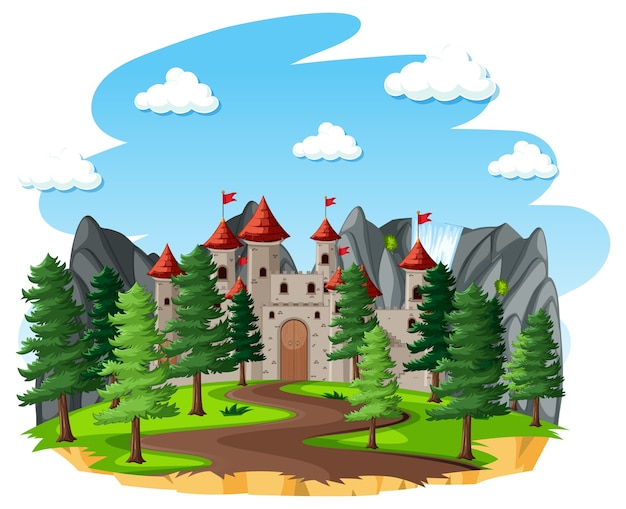 Plik wektorowy bajkowa scena z zamkiem lub wieżą w lesie