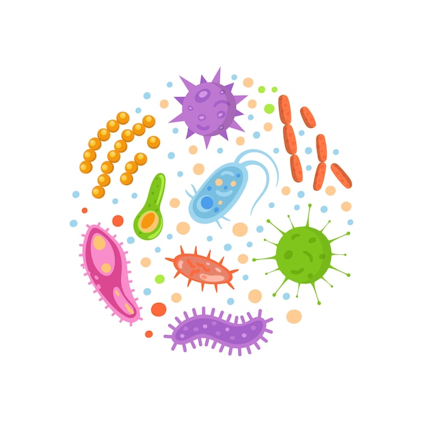 Plik wektorowy bakterie i wirusy w kręgu, mikroorganizmy wywołujące choroby. ilustracja.