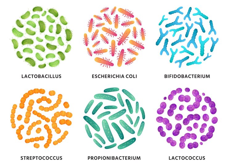 Wektor bakterie probiotyczne lactobacillus, bifidobacterium i lactococcus w kole. dobry zestaw ilustracji bakterii.