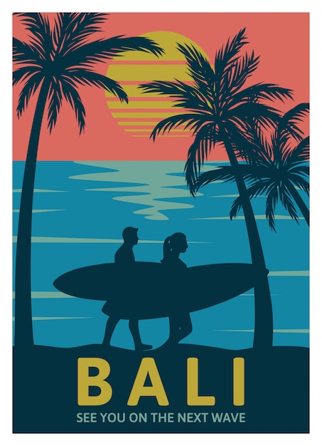 Bali, Do Zobaczenia Na Szablonie Retro Plakat Następnej Fali