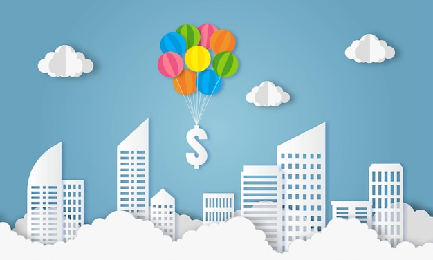 Plik wektorowy balon latać ze znakiem dolara na niebieskim niebie biznes i finanse koncepcja papieru sztuka
