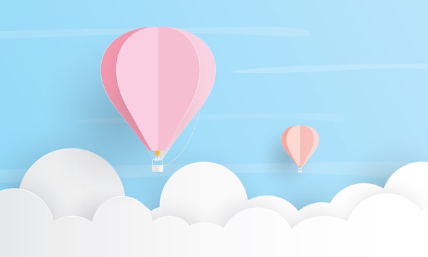 Balon na ogrzane powietrze latający nad chmurą, koncepcja wakacje, cięcie warstwy papieru
