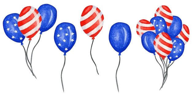 Balon Patriotyczny. 4 Lipca Obchody święta Ameryki Akwarela Dzień Niepodległości Usa