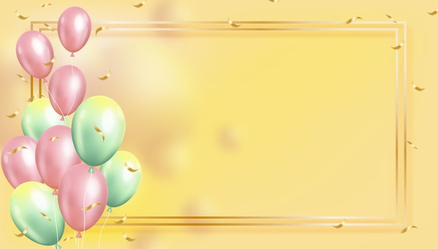 Plik wektorowy balony 3d latające w złotej ramie. realistyczne balony z helem w różowo-zielonym pastelowym pływającym kolorze