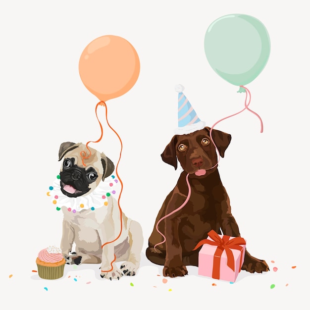 Balony dla szczeniąt i ilustracje pudełka z prezentami