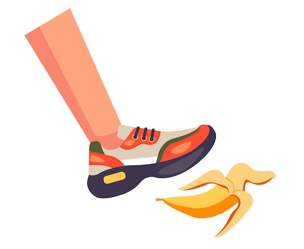 Bananowe buty z wsuwanymi nogawkami, ryzyko błędu, awaria, koncepcja śliskiego wypadku