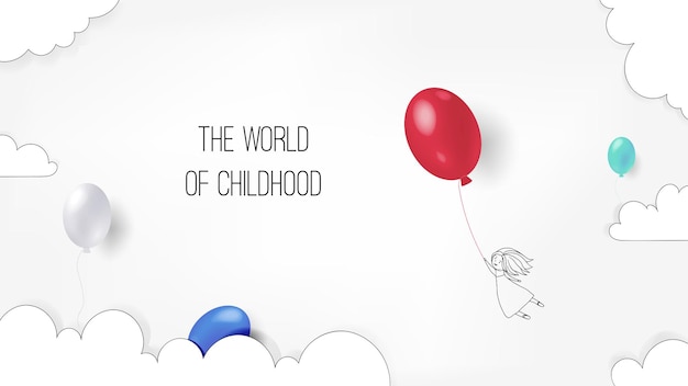 Plik wektorowy baner dla dzieci dziewczynka leci na czerwonym balonie na zabawkę lub sklep z odzieżą dla dzieci ochrona dzieciństwa