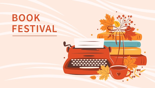 Plik wektorowy baner festiwalu książki vintage maszyny do pisania filiżanki kawy lub herbaty z jesiennymi jasnymi liśćmi