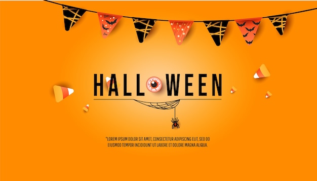 Baner Halloween, Koncepcja Zaproszenia Na Przyjęcie. Kreatywny Modny Wystrój W Postaci Girlandy Z Flagami, Kolorowych Cukierków, Pająka Z Pajęczynami Na Minimalnym Pomarańczowym Tle