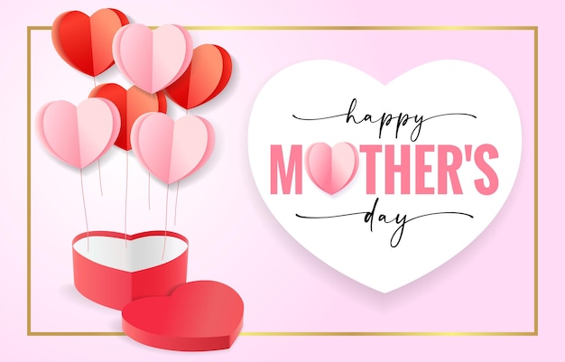 Baner Happy Mother's Day Z Pudełkiem Na Prezent W Kształcie Serca I Papierowymi Sercami Wektorowy Projekt 3d Na Dzień Matki