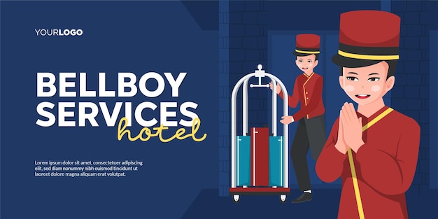 Plik wektorowy baner hotelowy usług goniec hotelowych z postacią z kreskówki goniec hotelowy