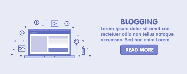 Baner Internetowy Koncepcja Blogowania Linii. Ekran Laptopa I Zestaw Ikon Wektorowych Ilustracji.