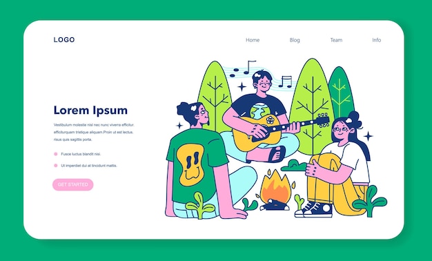 Baner internetowy lub strona docelowa obozu rekolekcyjnego Nowoczesna praktyka dla dobrego samopoczucia ciała i umysłu Postacie śpiewające na gitarze przy ognisku Zrównoważone życie i zdrowie psychiczne Płaska ilustracja wektorowa