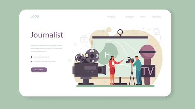 Baner internetowy lub strona docelowa prezentera telewizyjnego. Gospodarz telewizyjny w studio