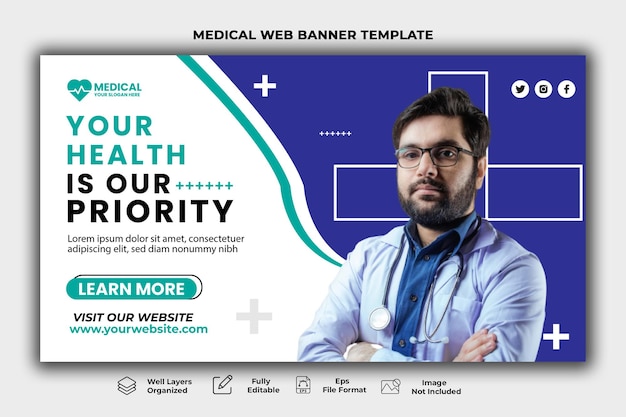 Plik wektorowy baner internetowy opieki zdrowotnej i szablon miniatury youtube.