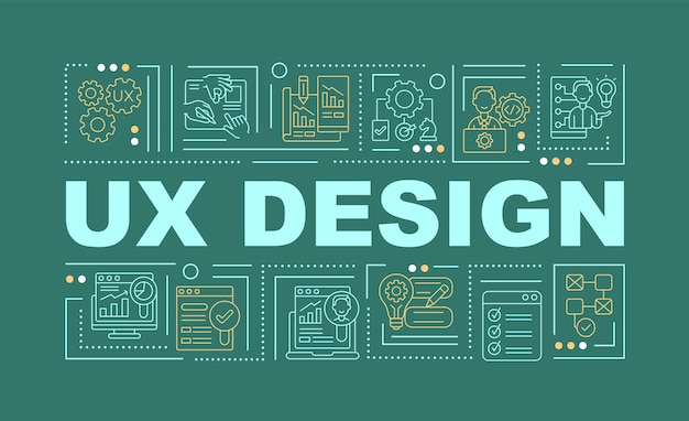 Baner Koncepcji Projektu Ux. Interfejs Użytkownika. Integracja Produktu. Infografiki Z Liniowymi Ikonami Na Zielonym Tle. Na Białym Tle Twórczej Typografii. Wektor Ilustracja Kolor Konturu Z Tekstem