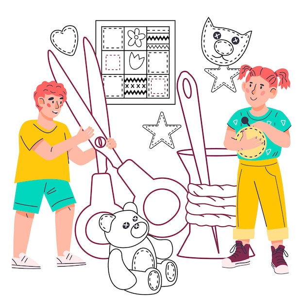 Plik wektorowy baner lekcji kreatywnego szycia dla dzieci z uroczymi dziećmi do szycia zabawek i sztuki patchworkowej
