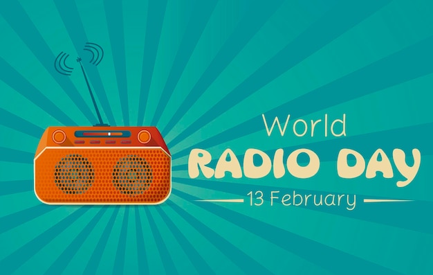 Plik wektorowy baner lub plakat na światowy dzień radia z retro kasetowym systemem stereo na turkusowym tle z napisem koncepcyjnym
