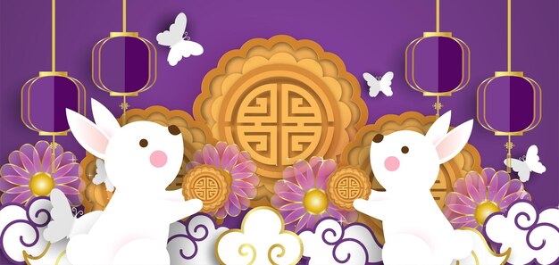 Baner Mid Autumn Festival Z Uroczymi Królikami W Stylu Cięcia Papieru.