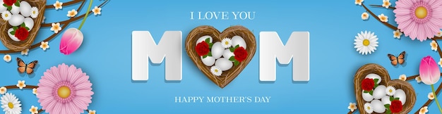 Baner Na Dzień Matki Z Gniazdami W Kształcie Serca I Kwiatami Obramowanie Dnia Matki Z Kwiatami