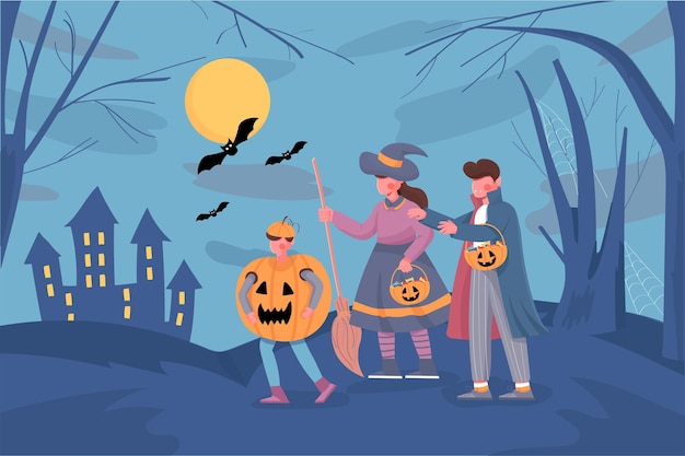 Baner Na Halloween Dzieci W Strojach Czarownicy Wampira Przerażająca Dynia Idą Do Starego Zamku Leśnego Tła...