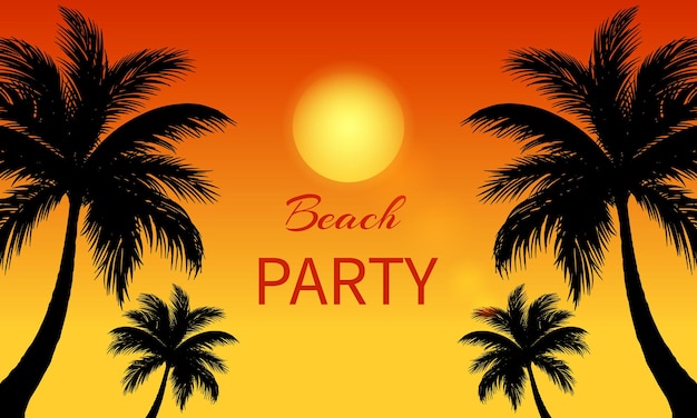 Plik wektorowy baner na lato i przyjęcie na plaży projekt szablonu zaproszenia z palmą na tle zachodu słońca