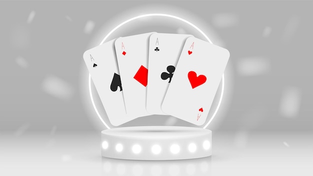 Baner O Tematyce Kasynowej Z Realistycznymi Kartami Do Pokera Na Białym Podeście Z Neonową Ramką