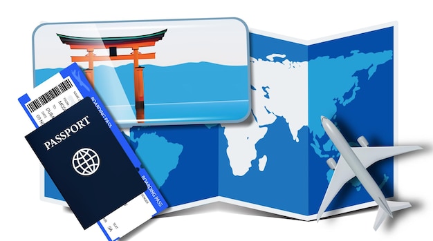 Baner podróży turystycznej ze smartfonem i samolotem z biletami paszportowymi