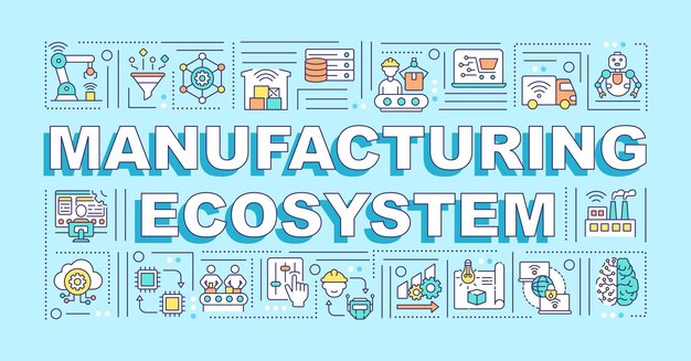 Baner Pojęć Słowo Ekosystem Produkcji. Infografiki Z Liniowymi Ikonami Na Niebieskim Tle. Zarządzanie łańcuchem Dostaw I Produkcja. Typografia Na Białym Tle. Zarys Ilustracja Kolor Rgb