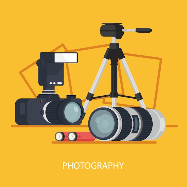 Baner projektu fotograficznego, laboratorium fotograficzne, sprzęt fotograficzny ze statywem do aparatu i obiektywem