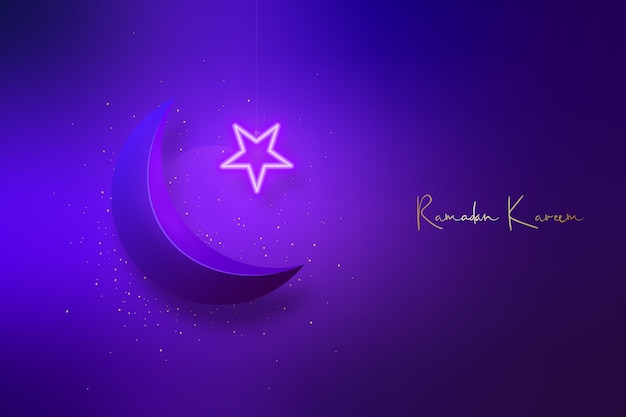 Baner Ramadan Kareem Realistick Półksiężyc I Fioletowa Neonowa Gwiazda