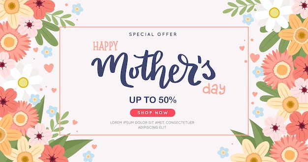 Baner Sprzedaży Na Dzień Matki Z Kwiatami I Ręcznie Rysowanym Napisem