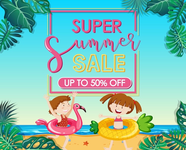 Baner Super Summer Sale Z Wieloma Dziećmi Na Plaży